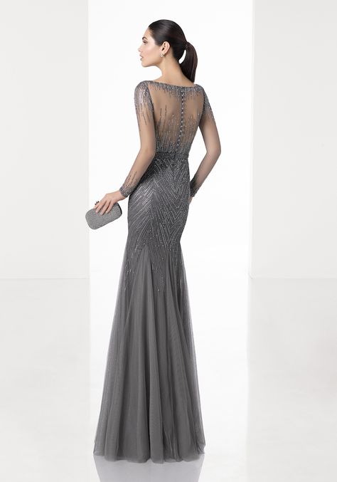 Rosa Clara | 1T123 Beaded Long Sleeves Grey Tulle Gown | HK | DBR Weddings Rosa Clara Cocktail, Dress Brokat Modern, Baju Kahwin, Grey Gown, Dress Pesta, Mother Of The Bride Dresses Long, Mother Of The Bride Gown, Column Dress, Tulle Gown