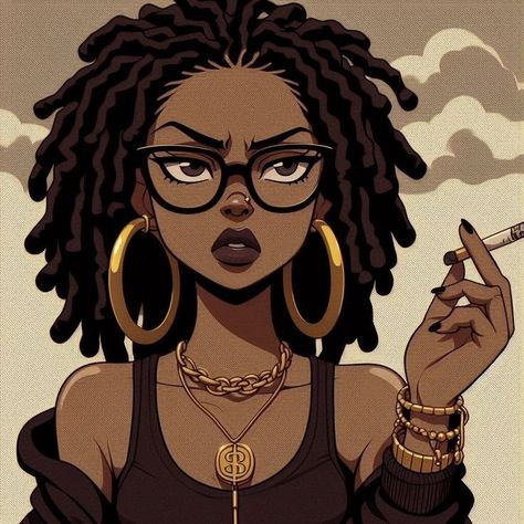 Pfp For Girl Black Locs Cartoon, Black Cartoon Profile Pics Locs, Melanin Cartoon Black Art, Locs Cartoon Black Women, Boondocks Oc Female, Black Anime Characters With Locs, Boondocks Pfp Girl, Instagram Pfp Ideas Icon, Girl With Locs Drawing