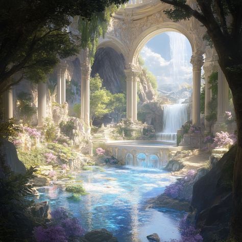 Heavenly Garden Aesthetic, Landscape With Waterfall, Ethereal Fantasy Aesthetic, Ethereal Building, Ethereal Temple, Etheral Aethstetic, Ethereal Scenery, Waterfall Castle, Pretty Landscape Pictures