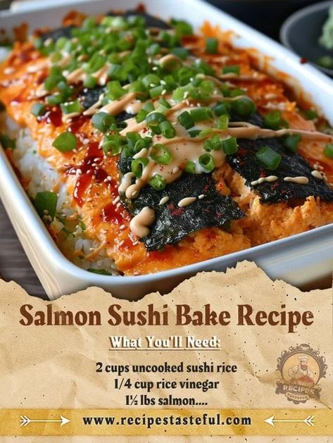 Home Made Salmon Sushi Bake Sushi Bake Salmon, Salmon Sushi Bake Recipe, Salmon Sushi Bake, Sushi Bake Recipe, Sushi Rice Recipes, Dorito Chicken, Sushi Bake, Bake Easy, Chicken Ham