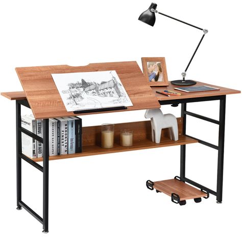 Desk Drawing, Architects Desk, Drafting Drawing, Adjustable Computer Desk, Drawing Desk, Writing Desk With Drawers, Open Bookshelves, Art Studio Room, Desk Writing