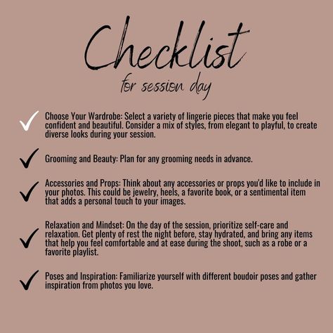 ✨ Ready for Your Boudoir Session? ✨  Planning your boudoir session at 4 Girls Glamour? We've got you covered with our ultimate prep checklist! Whether it's your first time or you're a seasoned pro, these tips will help you feel confident and fabulous on the day of your shoot.  📝 Boudoir Session Prep Checklist:  Ready to shine? Let’s make some magic happen! ✨  #BoudoirForAll #4GirlsGlamour #BoudoirPrep #Empowerment #Confidence #CelebrateYou Photoshoot Checklist, Prep Checklist, Business Promo, Maple Grove, 4 Girls, June 21, Twin Cities, To Shine, Minneapolis