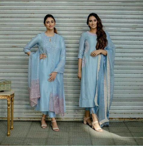 Pastel blue salwar suit Pastel Salwar Suit Party Wear, Office Wear Salwar Suits, Pastel Salwar Suit, Aline Kurti Design, Hand Embroidery Neck Designs, Kurti Tunics, Blue Salwar Suit, Georgette Kurtis, Latest Kurta Designs