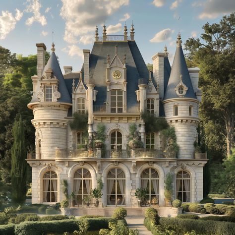 French Castle Exterior, English Castles Manor Houses, Bloxburg French House, Castle House Exterior, Manor House Exterior, Castle Like Homes, Chateauesque Architecture, Cottagecore Mansion, French Chateau Aesthetic