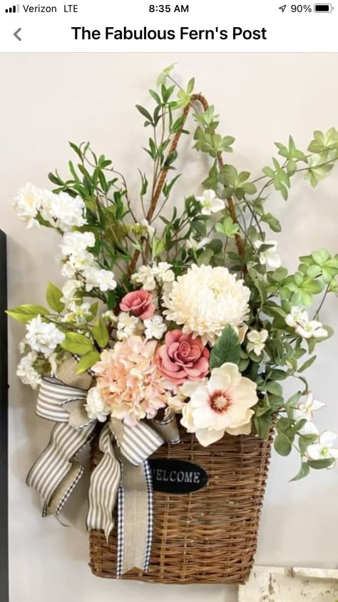 Floral Baskets For Front Door, Door Baskets With Flowers, Door Basket Ideas, Basket Wreaths For Front Door, Spring Wreaths For Front Door Diy, Door Baskets, Front Door Baskets, Basket Flower Arrangements, Door Basket