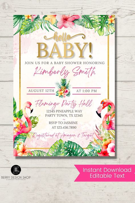 Tropical Invite, Tropical Invitations Template, Tropical Baby Shower Girl, Tropical Invite Template, Flamingo Pool Party Invitation, Kimberly Smith, Jungle Baby Shower Invitation, Baby Reveal Cakes, Flamingo Baby Shower