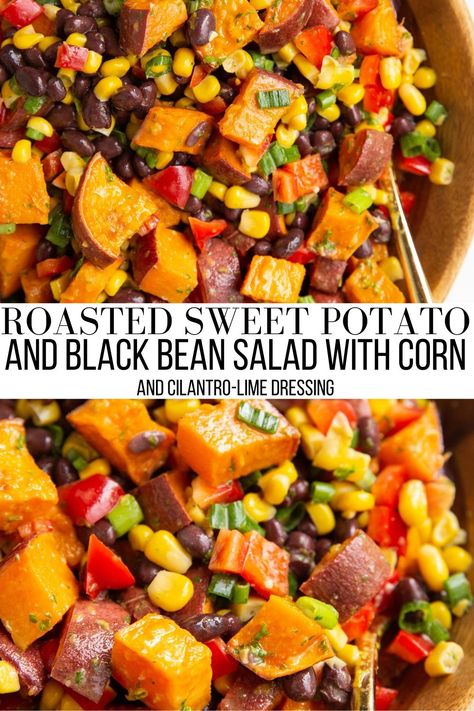 Roasted sweet potato salad Sweet Potato Black Bean Salad, Black Bean Salad With Corn, Bean Salad With Corn, Black Bean Corn Salad, Sweet Potato Salad Recipe, Black Bean Salad Recipe, Sweet Potato Side Dish, Sweet Potato Sides, Sweet Potato Black Bean