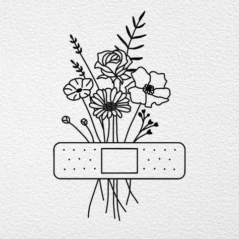 Line Art Easy Simple, Body Doodles Simple, Simple Doodles Flowers, Band Aid Flower Tattoo, Simple Line Art Aesthetic, Simple Hippie Tattoos, Line Art Drawings Aesthetic, Plant Drawings Simple, Phomemo Ideas