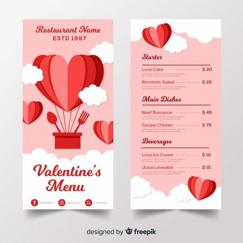 Plantilla de menú de san valentín vector... | Free Vector #Freepik #freevector #comida #menu #corazon #amor Valentines Menu Ideas, Valentine's Menu Ideas, Menu St Valentin, Valentines Party Food, San Valentin Vector, Valentines Day Design, Cafe Menu Design, Menu Illustration, Valentine Poster