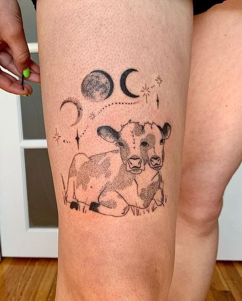 Cow Tattoo Traditional, Moon Stages Tattoo, Two Headed Cow, Two Headed Calf Tattoo, Cow And Moon, Moon Stages, Ram Tattoo, Places For Tattoos, Cow Tattoo