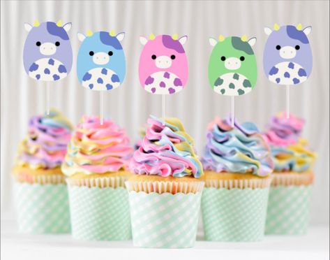 Squishmallow Cupcake Cake, Squishmallow Cupcake Toppers, Squishmallow Birthday Cupcakes, Squishmellow Cupcakes, Squishmallows Cupcakes, Squishmallow Cupcake Ideas, Squshimallow Birthday Party, Squish Mellow Party Ideas, Squishmallow Themed Birthday Party