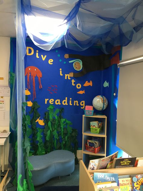 Dive into reading display. Dive Into Reading Display, Primary School Book Corner, Primary School Reading Corner, Reading Display Eyfs, Ocean Reading Corner, Fish Classroom Theme, Reading Reef, Dive Into Reading, Ocean Display