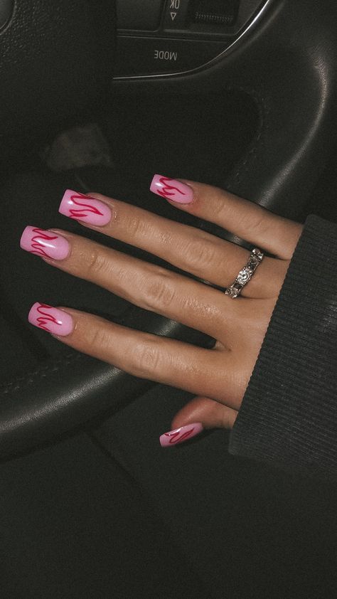 Flame Nails Square, Pink And Red Flame Nails, Nail Flames, Pink Fire Nails, Lightening Nails, Red Flame Nails, Nails With Fire, Edc Nails, Pink Flame Nails