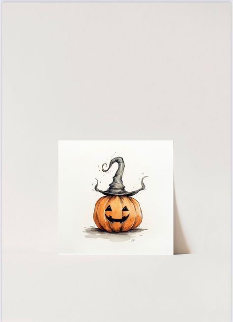 Description: Welcome to our shop! What you'll receive: - One high-resolution digital file in PDF format. - Dimensions: 10 X 10 inches. Celebrate the spirit of Halloween with this adorable watercolor illustration of a cute Halloween pumpkin. This instant download artwork is perfect for Halloween-themed art, cards, and invitations, adding a touch of whimsical charm to your festive celebrations. The vibrant watercolor technique used in this illustration brings the pumpkin to life, showcasing its pl Cute Halloween Artwork, Whimsical Halloween Art, Watercolor Paintings Halloween, Vintage Pumpkin Art, Watercolor Halloween Cards Diy, Halloween Watercolors, Halloween Water Coloring Ideas, Halloween Watercolor Cards, Cute Halloween Watercolor Paintings