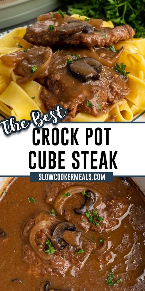 Crock pot cube steak over a plate of noodles. Cube Steak Gravy Crock Pot, Crockpot Cube Steaks And Gravy, Cube Steak And Gravy Recipes Crockpot, Cube Steak Mushroom Gravy Crock Pot, Cube Steak Crock Pot Recipes Brown Gravy, Crockpot Smothered Cube Steak, Crock Pot Minute Steak Recipes, Cube Steak In Crock Pot Easy Recipes, Slow Cooker Cube Steaks With Gravy