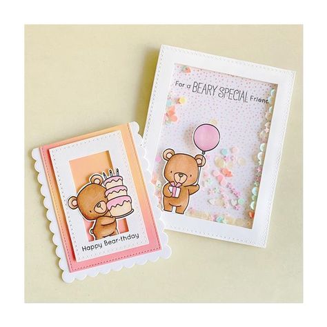 Jocelyn on Instagram: "Have a Happy Bear-thday!! 🥳 Mum requested for a bear birthday card. I can’t decide which bear design is cuter so I made two. Now, she wants both. 😂😂 okiess. #handmadecards #handmade #mftstamps #birthdaycard #happybirthday #bearcard #distressoxideinks #copic #cardmaking #mamaelephant #mamaelephantdies #lawnfawn #diecuts #shakercard" Bear Birthday Card, Easy Birthday Cards Diy, Popup Cards, Happy Bear, Teddy Bear Theme, Ink Blending, Simple Birthday Cards, Bear Card, Watercolor Lettering