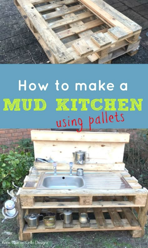 Katie shares how to make a mud kitchen for the kids using pallets! Making A Mud Kitchen, Wood Pallet Mud Kitchen, Mud Kitchen Working Sink, Mud Kitchen For Kids, Mud Kitchens, Pallet Kitchen, Fairy Theme, Diy Mud Kitchen, Pallets Diy