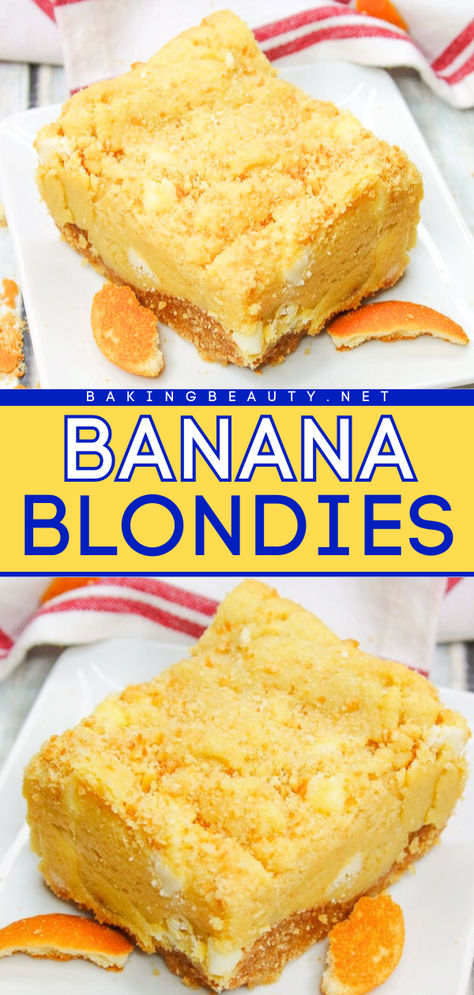 Here's a back to school food idea that tastes like banana pudding! This banana dessert is also a great after school snack recipe. Not only are these easy banana blondies soft and chewy, but they are also baked in an amazing vanilla wafer crust! Back To School Food, Banana Blondies, Banana Pudding Cookies, Vanilla Wafer Crust, Vanilla Wafer, Banana Dessert Recipes, Dessert Bar Recipe, Banana Dessert, Bar Recipe