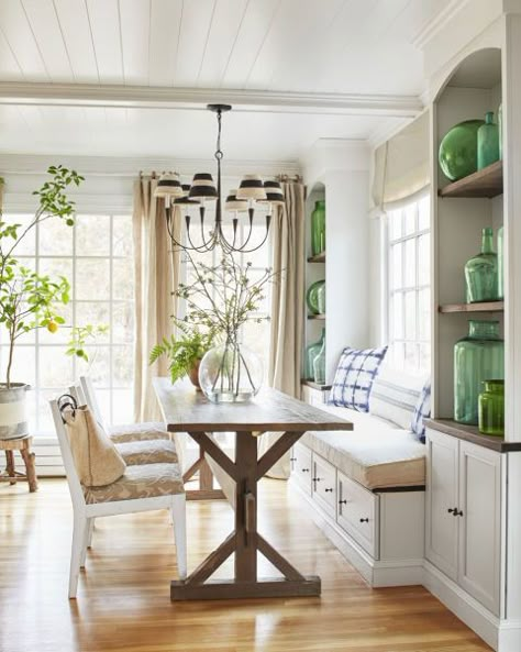 Banquette || black and natural striped shades || green glass collection Modern Farmhouse Kitchen Table And Chairs, Kitchen Couch, French Country Decorating Living Room, Couch Ideas, Cartoon Airplane, Kitchen Banquette, Dining Room Remodel, French Country Living Room, Bench Ideas