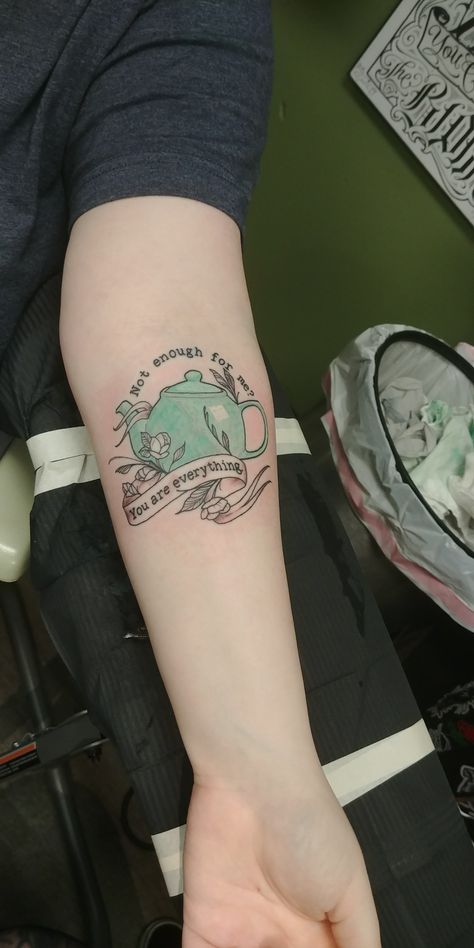 Jim And Pam Tattoo The Office, Office Inspired Tattoos, The Office Teapot Tattoo, The Office Us Tattoo, Office Tattoo Ideas, The Office Tattoo Ideas, Tv Show Tattoos, Soup Tattoo, The Office Teapot