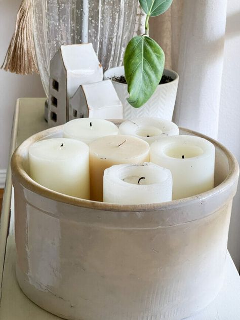 Candle Grouping Ideas, Decorating Crocks For Fall, Decorating With Large Crocks, Candle Decor Ideas Living Rooms, Stoneware Crock Decor Ideas, Butter Churn Decor Ideas, Decorate With Crocks, Large Crock Decorating Ideas, Decorating With Vintage Crocks