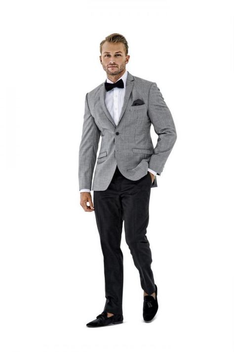 Grey Blazer Black Pants, Grooms Suits, Men Wedding Suits, Grey Tux, Magic Wedding, Mens Wedding Suits, Suit Hanger, Suits Groom, Bow Tie Suit