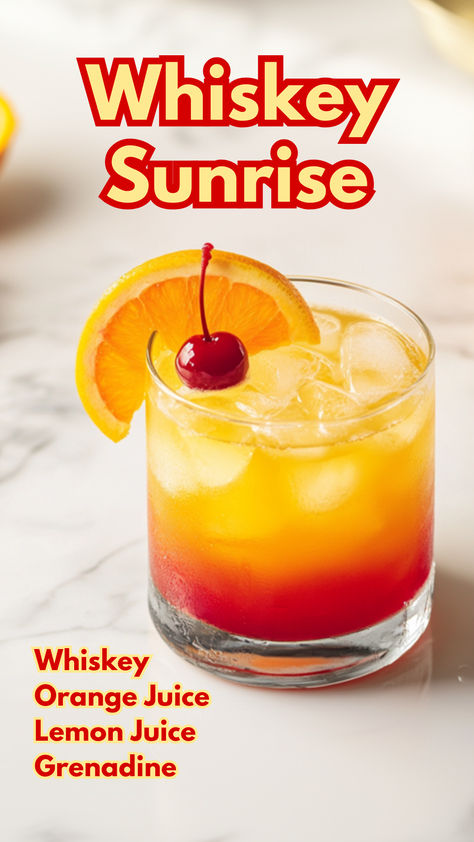 Whiskey Sunrise Orange Juice And Whiskey, Whiskey Orange Juice, Creative Alcoholic Drinks, Mixed Drinks Alcohol Recipes, Tequila Sunrise Recipe, Grenadine Cocktail, Orange Juice Cocktails, Whiskey Drinks Recipes, Cocktail Cards