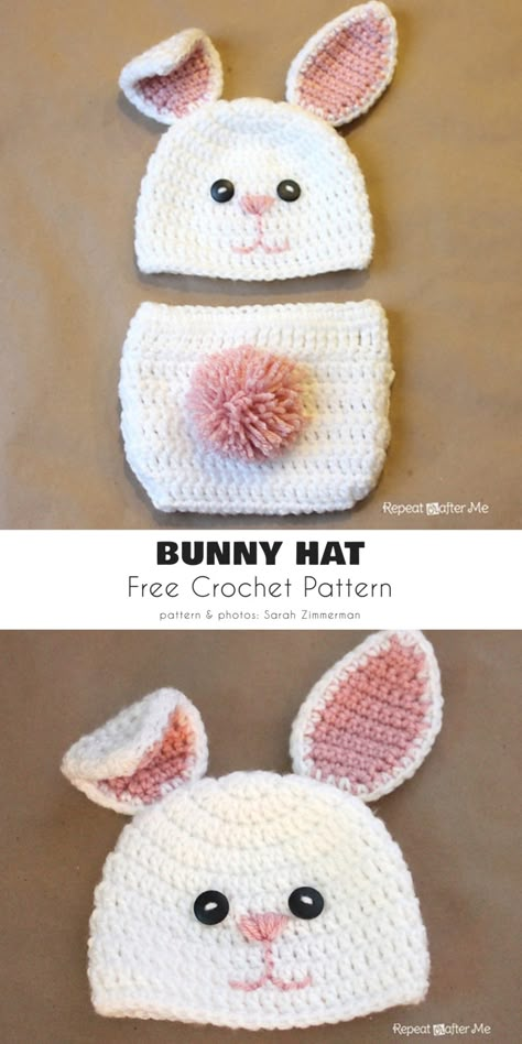 Crochet Bunny Hat Pattern, Bunny Hat Pattern, Crochet Bunny Hat, Bunny Hats, Baby Bunny Hat, Diaper Cover Pattern, Crochet Photo Props, Repeat Crafter Me, Confection Au Crochet