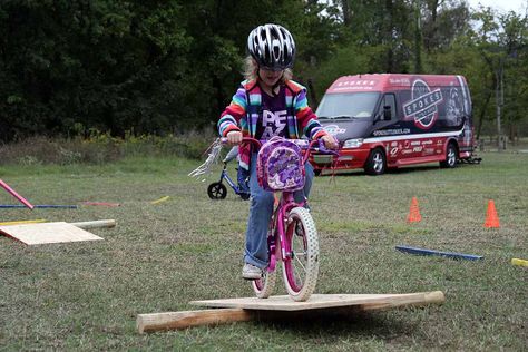 bike obstacle course Bike Day Activities For Kids, Bike Rodeo Obstacle Course, Bike Obstacle Course For Kids, Bike Obstacle Course, Kids Backyard Ideas, Bike Rodeo, Bicycle Party, Bike Party, Kids Obstacle Course