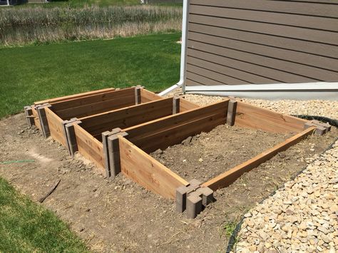 Raised Garden Bed on sloped area. Raised Planters, Sloped Backyard Landscaping, Vegetable Garden Beds, Raised Vegetable Gardens, Building Raised Garden Beds, Hillside Garden, Sloped Backyard, Building A Raised Garden, Tiered Garden