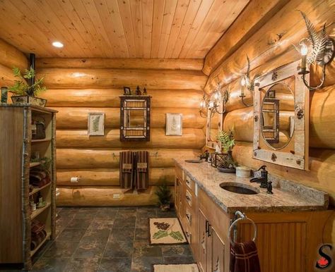 Log Cabin Bathroom Ideas, Log Home Bathroom, Log Cabin Bathroom, Log Home Kitchens, How To Build A Log Cabin, Log Cabin Living, Log Cabin Interior, Cabin Bathroom, Log Home Interiors