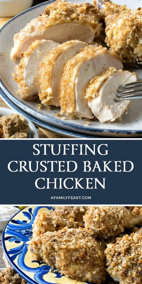 Stuffing Crusted Baked Chicken is juicy and tender on the inside and deliciously crunchy on the outside. Crusted Baked Chicken, Chicken Stuffing Bake, Stuffing Bake, Skillet Chicken Parmesan, Chicken Stuffing, Tasty Chicken, Chicken Meals, Chicken Dinners, Family Feast