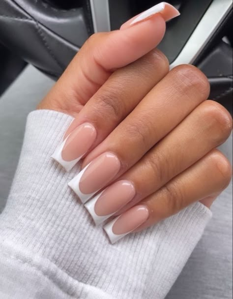 French Nails Plain, Square Acrylic Nails Long French Tip, Straight Tip Acrylic Nails, French Nails On Black Women, Milk Base French Nails, Narrow French Tip Nails, Light Square Nails, French Tips Square Long, Long Acrylic French Nails