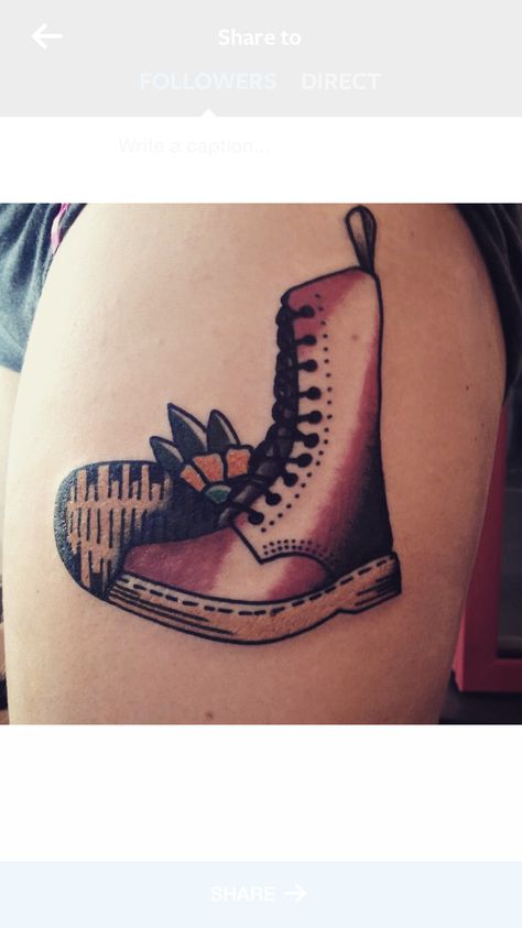 Traditional Tattoo Boots Hiking Boots Tattoo, Boots Tattoo, Hiking Boot, Body Inspiration, Tattoo Inspo, Beautiful Tattoos, Traditional Tattoo, Hiking Boots, Piercings