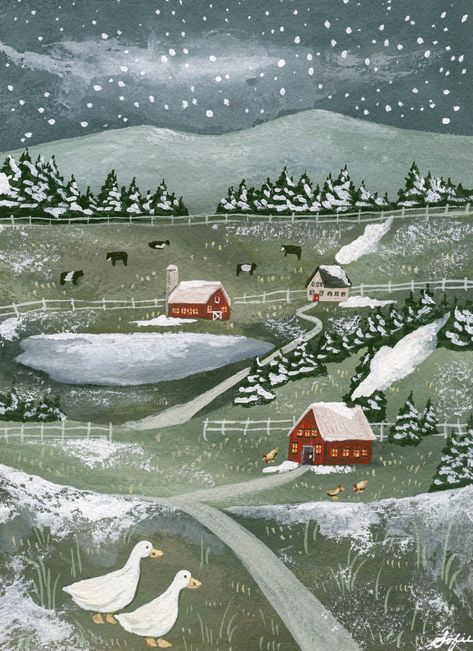 "First Snow"- Fine Art PrintMy original gouache painting printed on the highest quality fine art paper-Professional pure cellulose watercolor paper-Resembles the look of an original painting due to the texture of the paper-Shipped in a protective sleeve inside of a slim box to ensure the quality of the pieceDue to the Snow Illustration, Cottage Windows, Fall Drawings, Americana Art, Painting Snow, Winter Watercolor, Winter Illustration, Cottage Art, Winter Painting