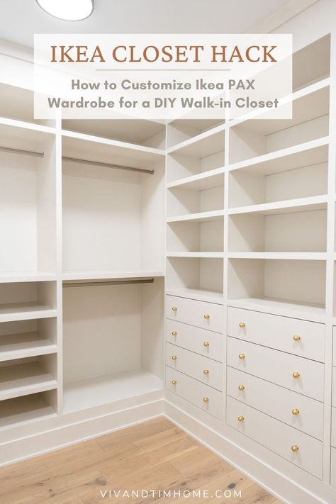 DIY Closet Ikea Hacks Custom Closet Diy Walk In, Ikea Closet Drawers Hack, How To Build A Custom Closet, Organized Master Closet Walk In, Diy Custom Closet Ikea Hacks, Custom Pax Wardrobe, Pax Wardrobe Walk In Closet, Master Closet Remodel Walk In, Ikea Closet Pax Ideas