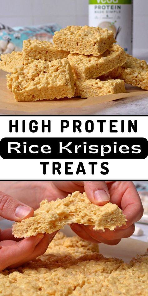 Top image is of a pile of protein rice krispies. Bottom image is pulling a rice crispy treat apart. Deserts With Protein Powder, Protein Filled Snacks On The Go, Desserts With Vanilla Protein Powder, Snacks With Vanilla Protein Powder, Homemade Protein Snacks For Kids, Diy Protein Packs, Protein Rice Krispies, High Protein Halloween Treats, High Protein Crunchy Snacks