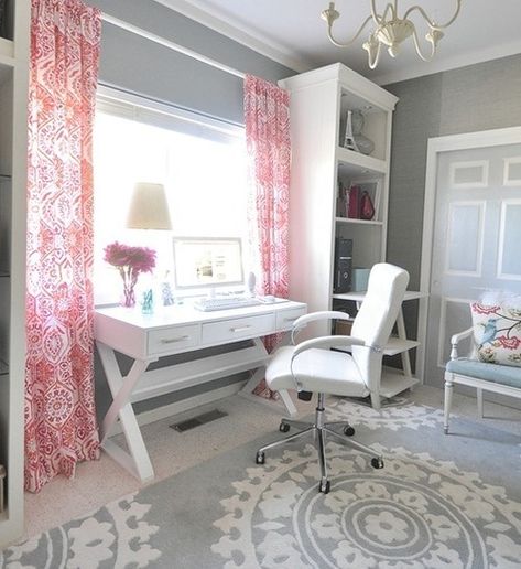 Love this color scheme. White, grey and hot pink! Like the desk under the window Futurist Architecture, White Office Chair, Teen Girl Bedroom, White Office, Bohol, Home Office Space, Bedroom Designs