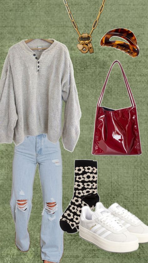 Outfit idea - comfy outfit - casual outfit - school outfit - back to school - summer - fall - jeans - jeans outfit - hair clip - gold jewelry - red bag - over the shoulder bag - adidas - date - coffee shop - study date - sambas - gazzels - sneakers - white sneakers Studying Outfit, Coffee Shop Studying, Friendsgiving Outfit, Study Outfit, Study Date, Over The Shoulder Bag, Over The Shoulder Bags, Fall Jeans, Comfy Outfit