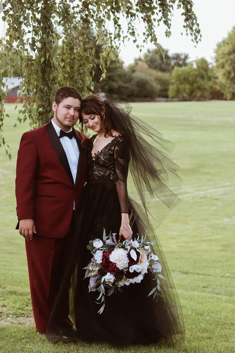 Black wedding dress, Maroon tuxedo, Friday the 13th Maroon Wedding Dresses, Black And Maroon Wedding, Maroon And Black Wedding, Friday The 13th Wedding, Whimsigoth Wedding, Maroon Wedding Dress, Maroon Tuxedo, Burgundy Wedding Dress, Baby Wedding Outfit