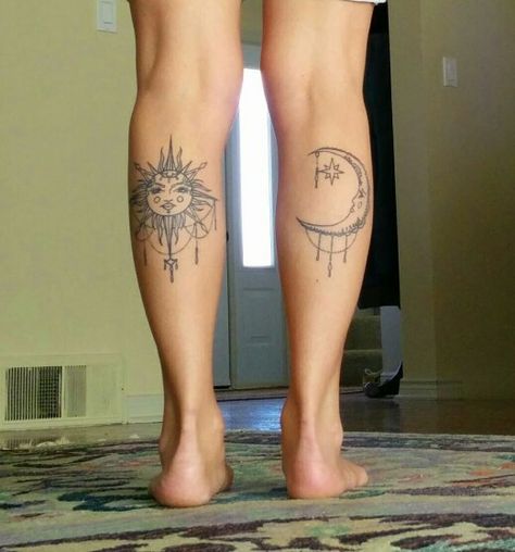 Sun And Moon Tattoo Back Of Leg, Sun Calf Tattoo, Sun Moon Calf Tattoo, Sun And Moon Calf Tattoo, Sun And Moon Foot Tattoo, Sun And Moon Leg Tattoo, Calf Tattoos For Women, Tattoo Making, Yoga Tattoos