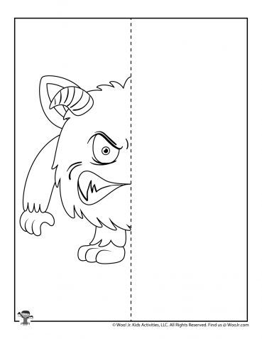 Monster Mirror Drawing Worksheets | Woo! Jr. Kids Activities Kindergarten Art Sub Plans, Symetry Drawings, Drawing Worksheets For Kids, Finish The Drawing Worksheets, Monster Mirror, Drawing Activities For Kids, Finish The Drawing, Mirror Drawing, Monster Drawings