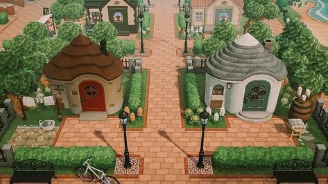 Acnh Villagers Homes Ideas Exterior, Villagers Houses Animal Crossing Layout, House Layouts Animal Crossing, Anch Villager Houses, Animal Crossing Villagers Houses Layout, Neighbourhood Ideas Acnh, House Layout Animal Crossing, Acnh Village Layout, Acnh Town Layout Ideas