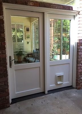 Custom Patio Door With Doggy Door Patio Dog Door, Outdoor French Doors, Exterior Doors With Sidelights, Replacement Patio Doors, Doggy Door, Doggie Door, Screened Porch Designs, Crepe Recipe, Wood Entry Doors