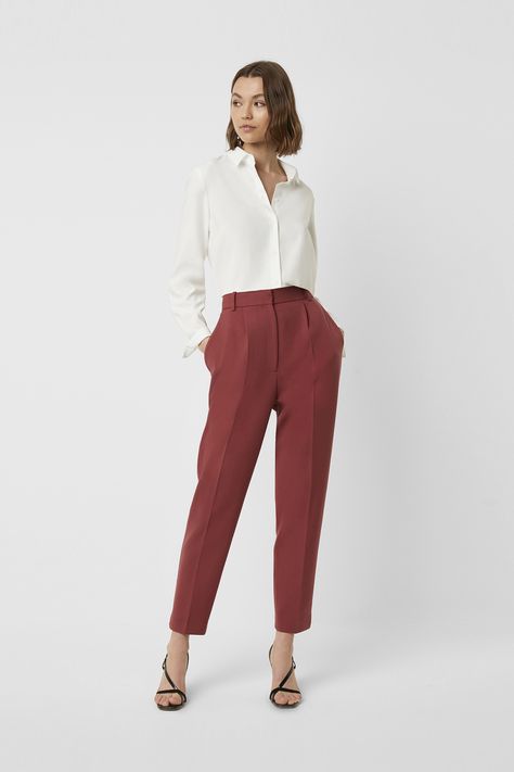 Pleated tailored trousers Fabric: soft, smooth, slight stretch Slim fit High waist Two front pockets Two back slip pockets Concealed front zip fastening Front pleats Belt loops UK size 10 inside leg length is 69.3cm Our model is 5ft9" and is wearing a UK size 10 Trouser Pants Outfits, Classy Trousers, Trousers Women Outfit, Trousers Women Casual, Women Trousers Design, Trouser Outfit, Satin Trousers, Classic Trousers, Vintage Trousers