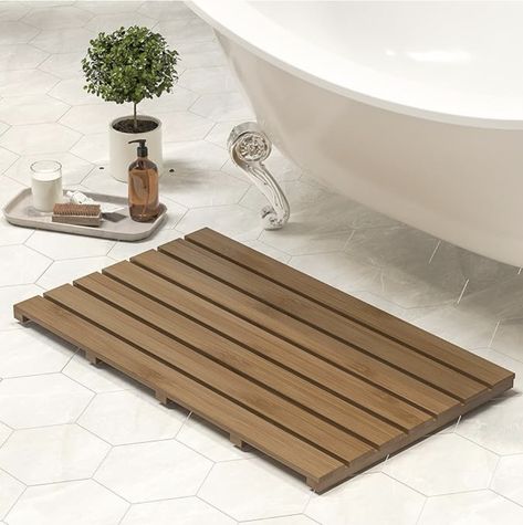 Bamboo Wooden Bath Floor Mat for Luxury Shower - Non-Slip Bathroom Waterproof Carpet for Indoor or Outdoor Use (Walnut,31.3 x 18.1 x 1.5 Inches) Bamboo Shower Mat, Arizona Apartment, Bamboo Bath Mat, Secret Hideout, Large Bathtub, Bamboo Mat, Bday List, Bathtub Mat, Wood Bath