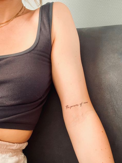 The Power Of Now Tattoo, Dainty Name Tattoos For Women, Small Dainty Tattoos For Women, Arm Writing Tattoo, Day Of The Dead Tattoos, Tattoos Abstract, The Power Of Now, Tattoo Artist Tattoo, Aztec Tattoos