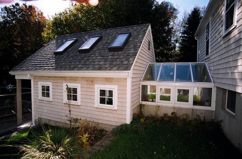 Connect a backyard shed to your house for extra space with an atrium. Timber Greenhouse, Cape Style Homes, Green House Design, Wooden Greenhouses, Attached Garage, Traditional Exterior, Shed Design, Ideas Pictures, Future House