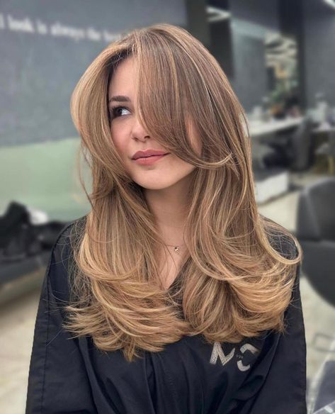 A Beginner's Guide on How to Style Curtain Bangs - Hairstyles Weekly Haircuts Long Layers Straight, Medium Length Haircut For Thick Hair Long Layered Highlights, Ashy Highlights On Brown Hair, Trend Hair Color 2024, Side Part Haircut, Honey Brown Hair, Hairstyles For Layered Hair, Haircuts For Medium Hair, Haircuts For Long Hair