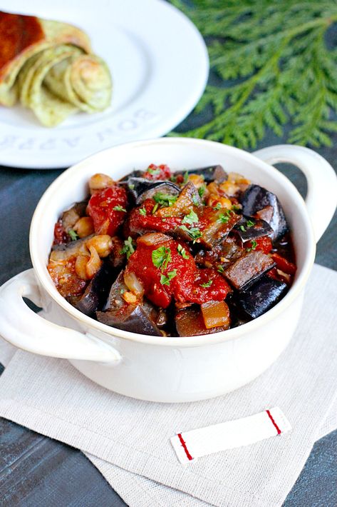 Lebanese Eggplant, Ragout Recipe, Eggplant Stew, Garlic Chickpeas, Aubergine Recipe, Eggplant Dishes, Pomegranate Molasses, Eastern Cuisine, Lebanese Recipes